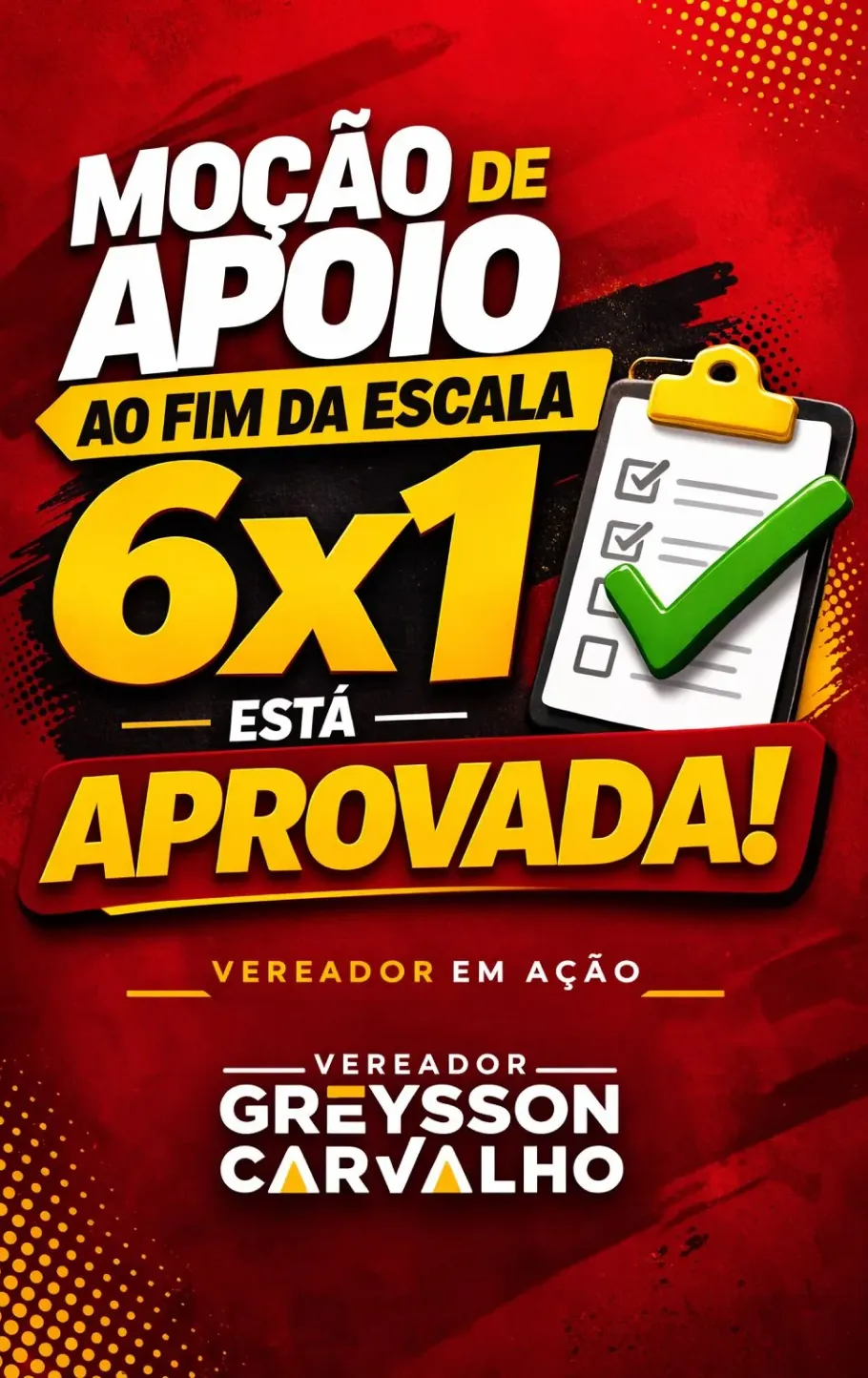 Moção de apoio ao fim da escala 6x1 está aprovada. Vereador Greysson Carvalho em ação.